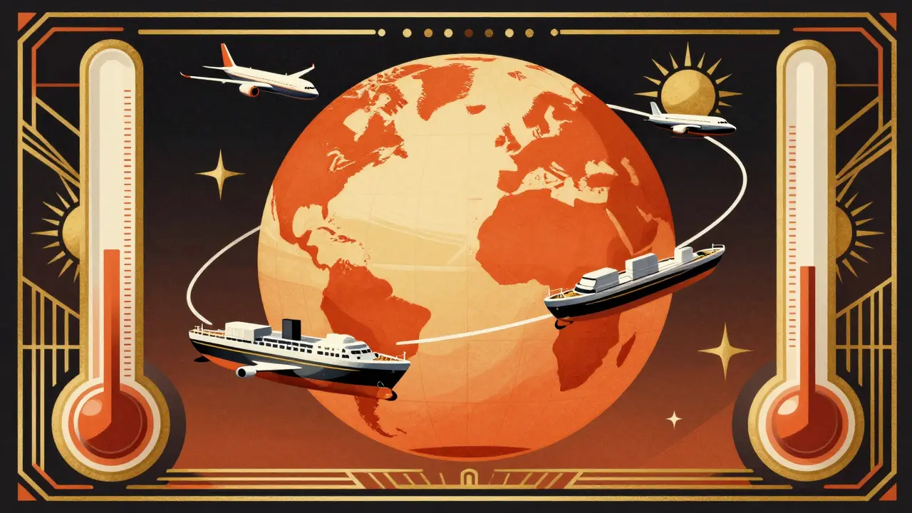 Graphic Art Deco scene of a globe with transport ships and heat symbols.