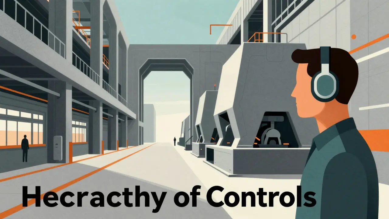 Industrial worker wearing hearing protection in a streamlined Art Deco factory.