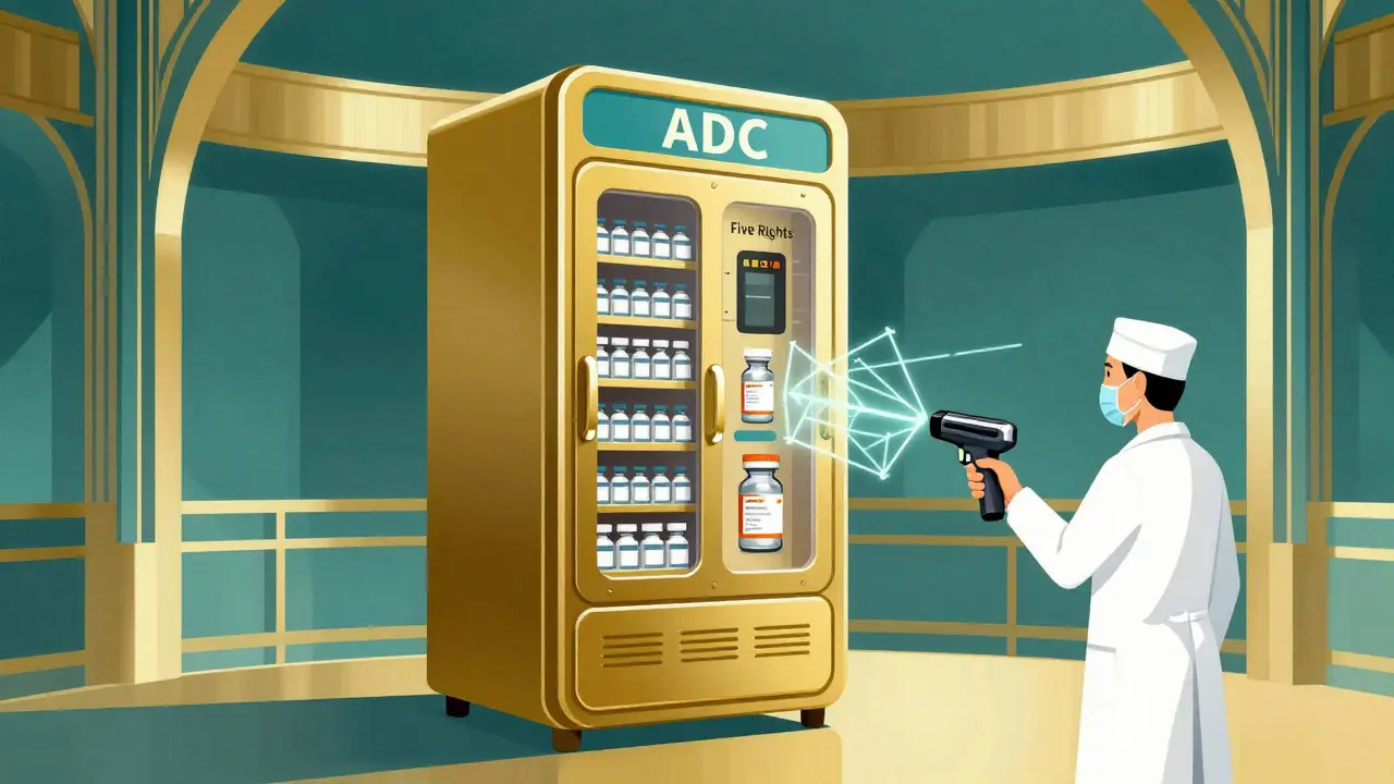 Pharmacist scanning a medication barcode at an automated cabinet