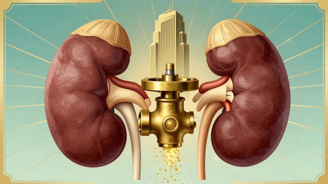 Stylized architectural representation of kidneys with a closed brass valve.