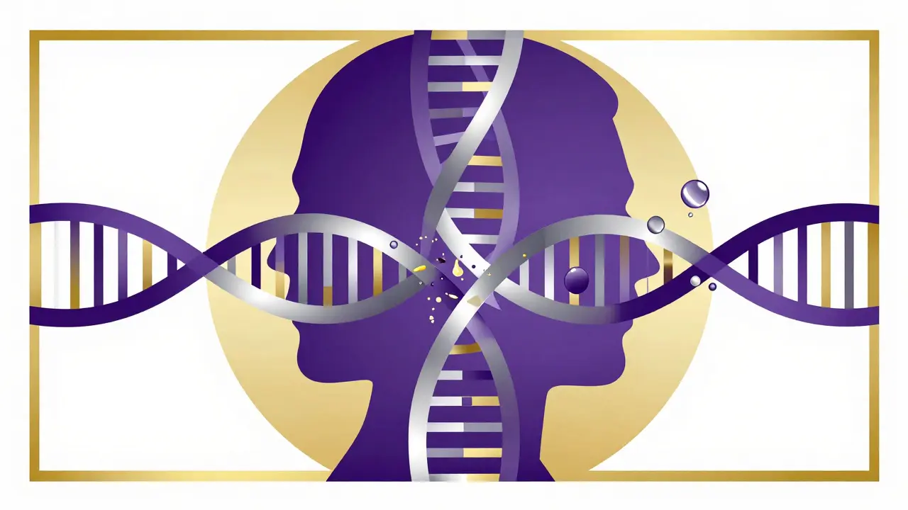 Stylized human profile and DNA helix representing precision genetic medicine in Art Deco style