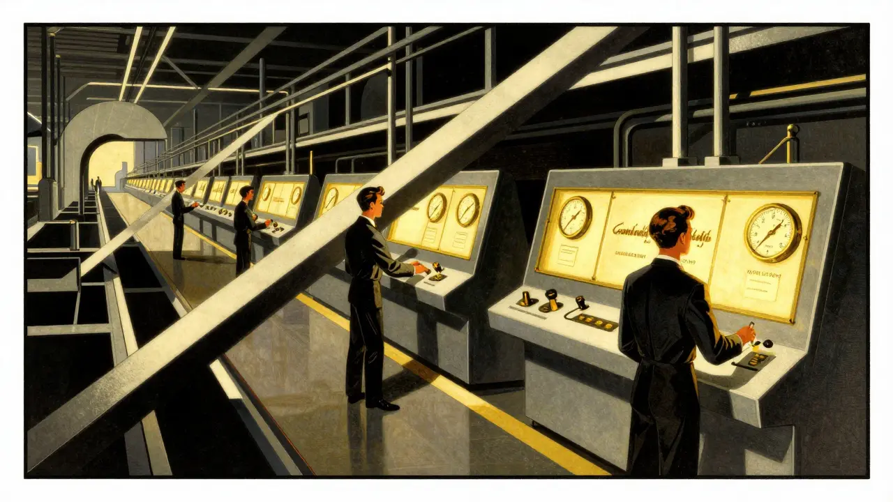Stylized production line with workers monitoring golden gauges and streamlined machinery.