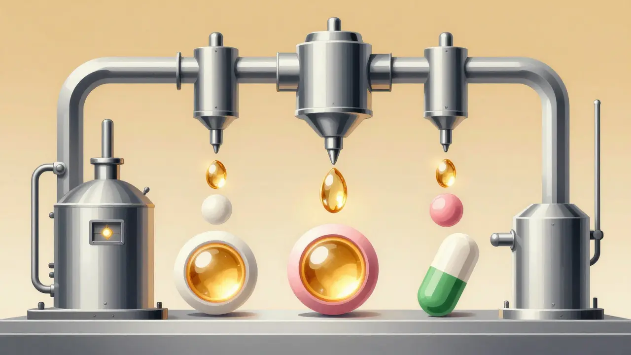 Abstract Art Deco machinery creating pills with same core but different colors