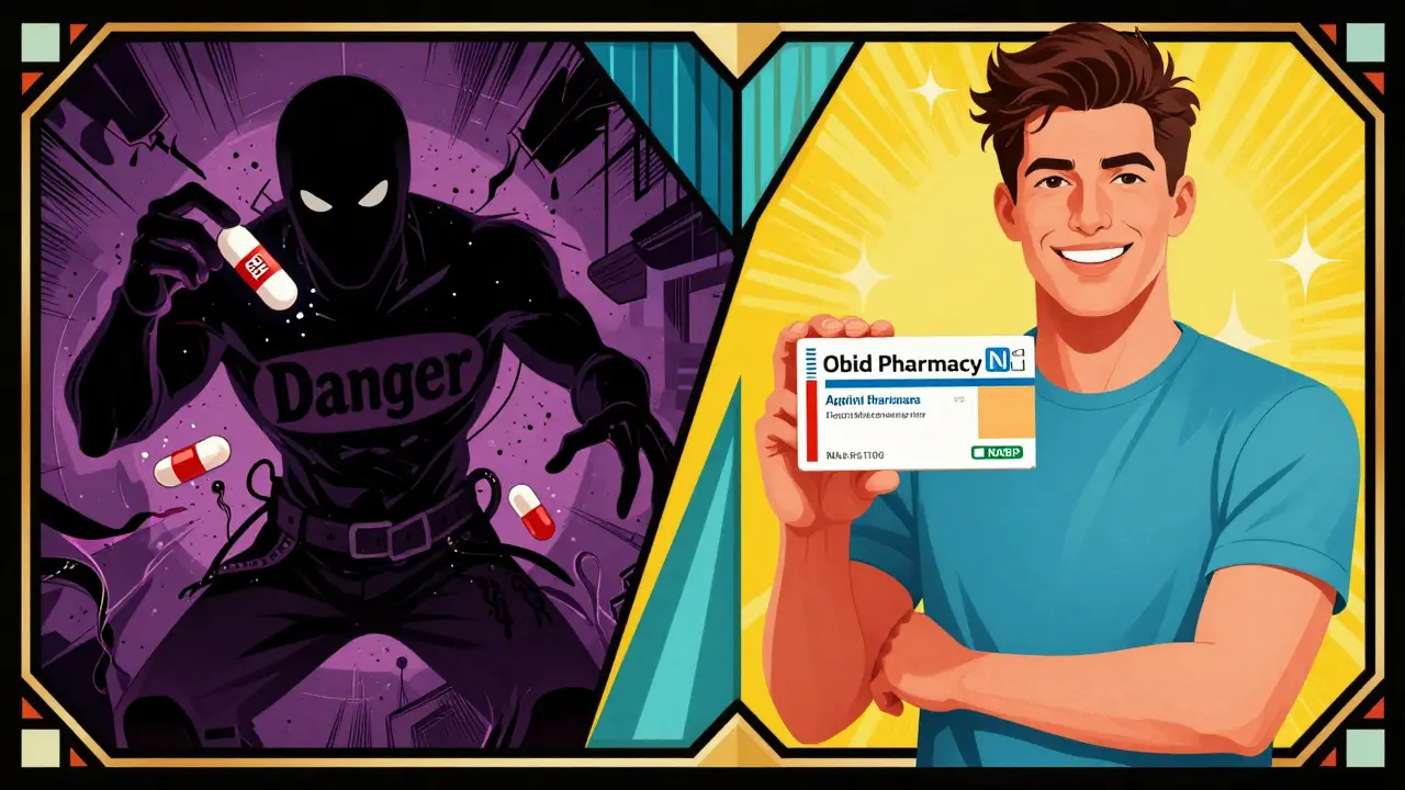 Art deco graphic contrasting unsafe fake meds with verified safe online prescriptions.
