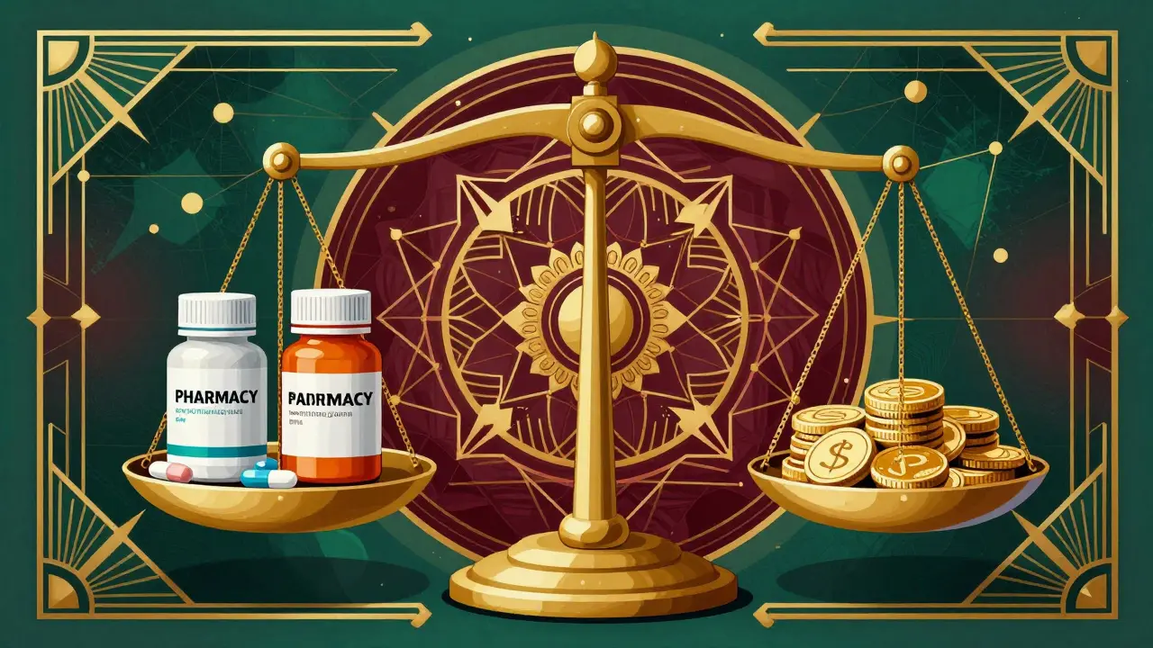 Art Deco graphic showing scales balancing generic drugs against financial entities.