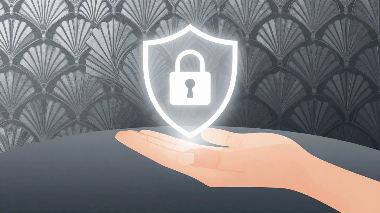 Art Deco illustration of a hand touching a glowing safety shield symbol for secure online pharmacy.