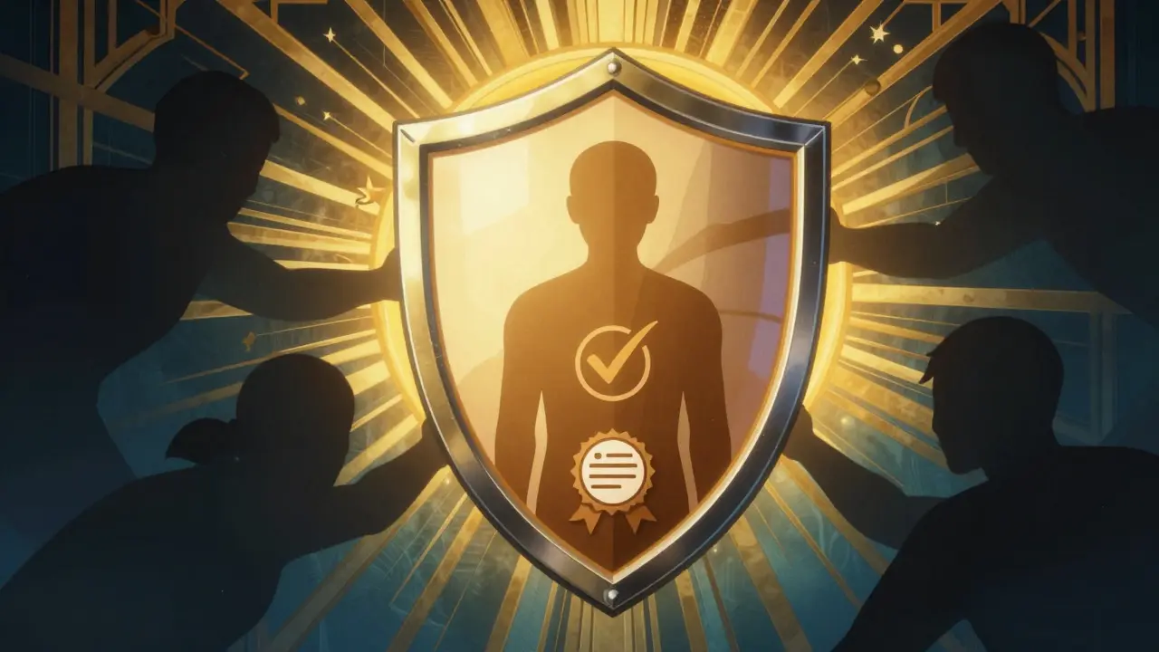 Art Deco illustration of a protective shield symbolizing safe and verified online pharmacy practices.