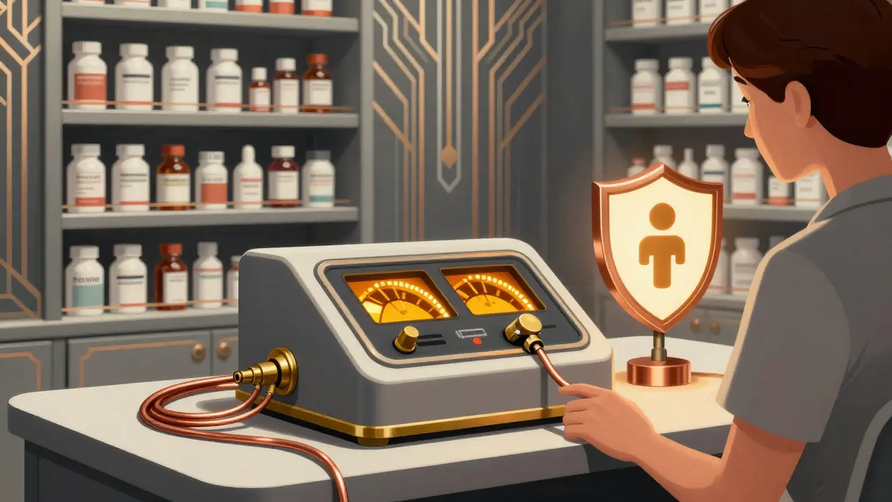 Art Deco illustration of a retro electronic terminal and safety shield in a pharmacy.
