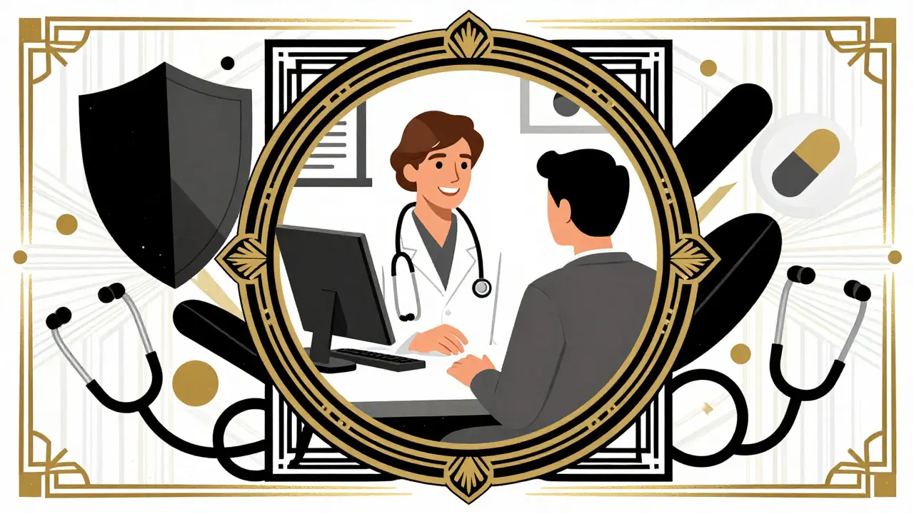Art deco illustration of a secure telemedicine doctor-patient video consultation.