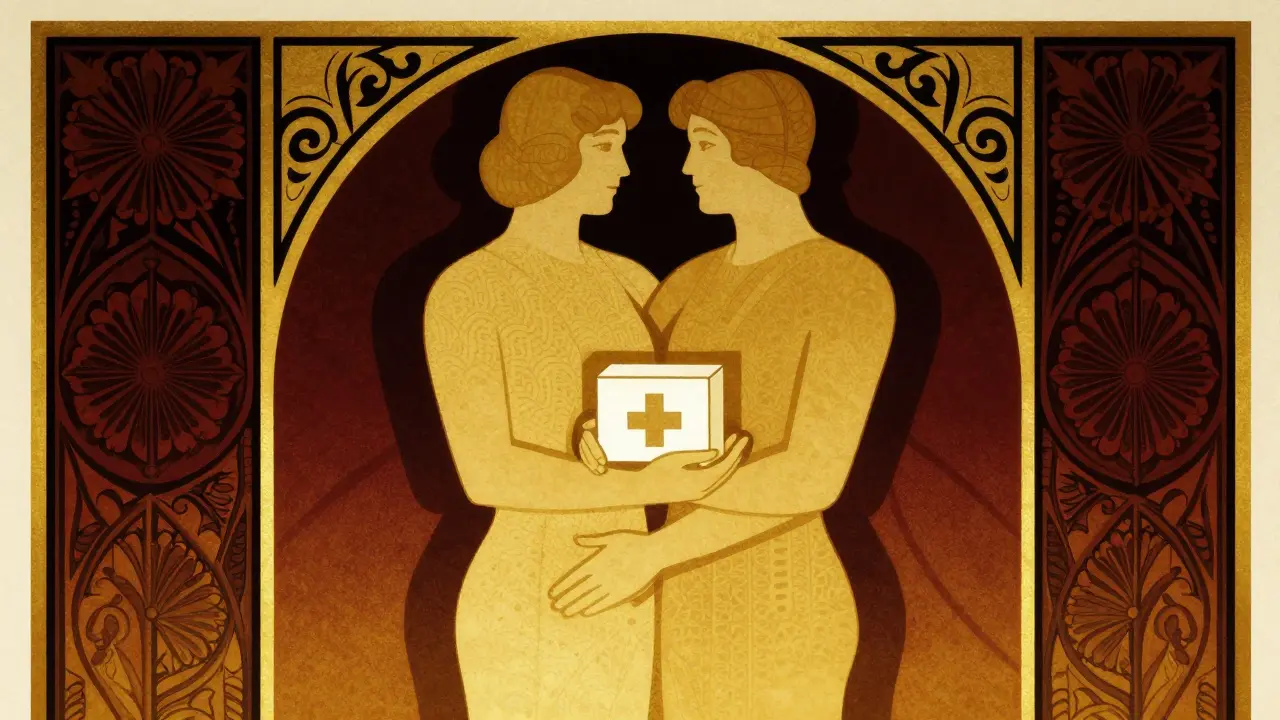Art Deco image of two people with naloxone, symbolizing safety and support