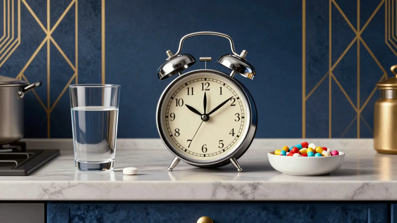 Art Deco scene separating morning pills from supplements on a kitchen counter