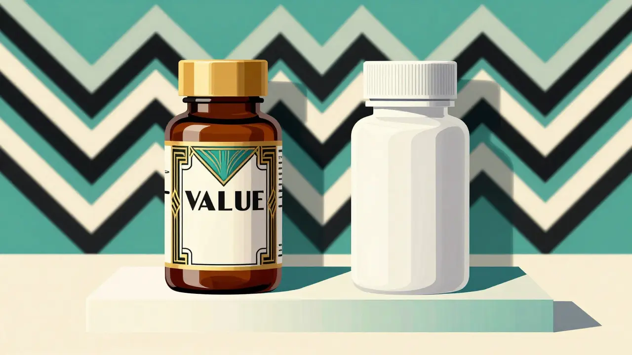 Art Deco style comparison of brand-name and generic omeprazole bottles on a geometric pedestal.