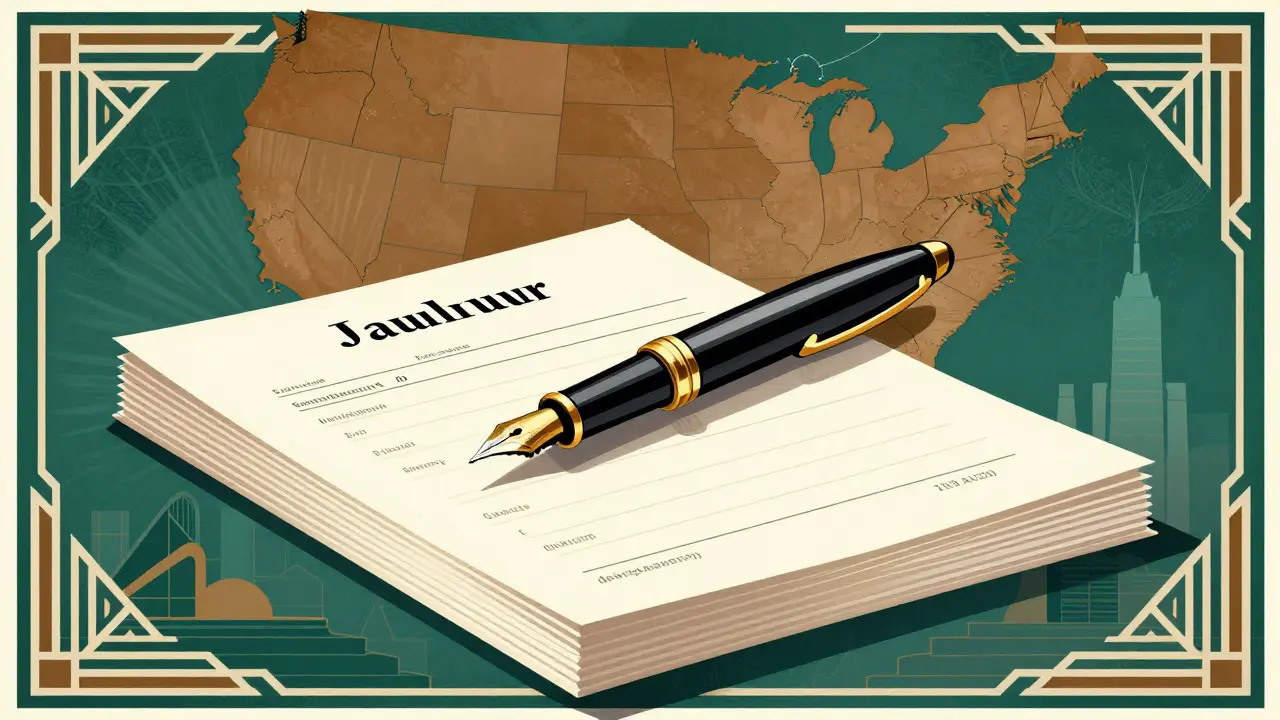 Art Deco style drawing of a fountain pen and records symbolizing pharmacy documentation.