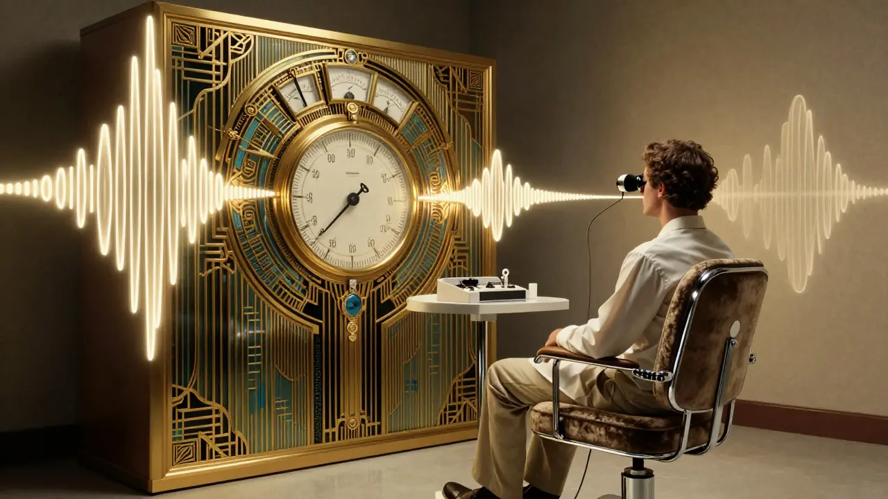 Art Deco style hearing test scene with ornate audiometer equipment.