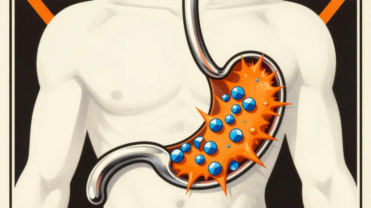 Illustration showing magnesium blocking bone medicine absorption in the stomach