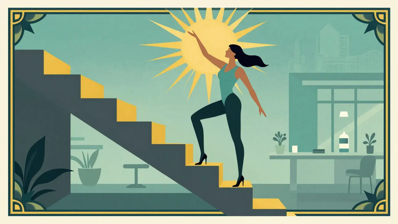 Person climbing geometric stairs toward a sunburst of wellness
