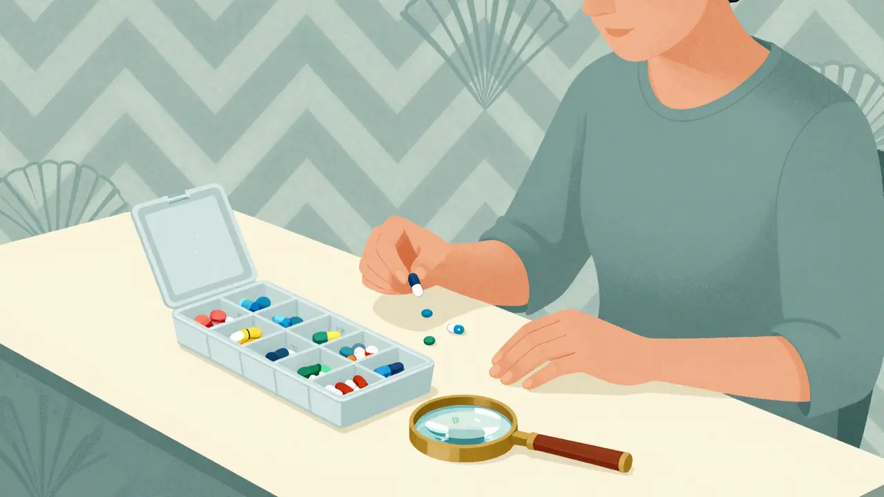 Person organizing pills in a weekly box and checking imprints with a loupe