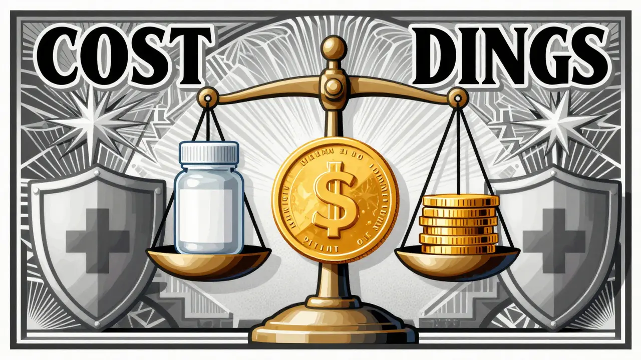 Scale balancing medicine costs with safety shields and coins