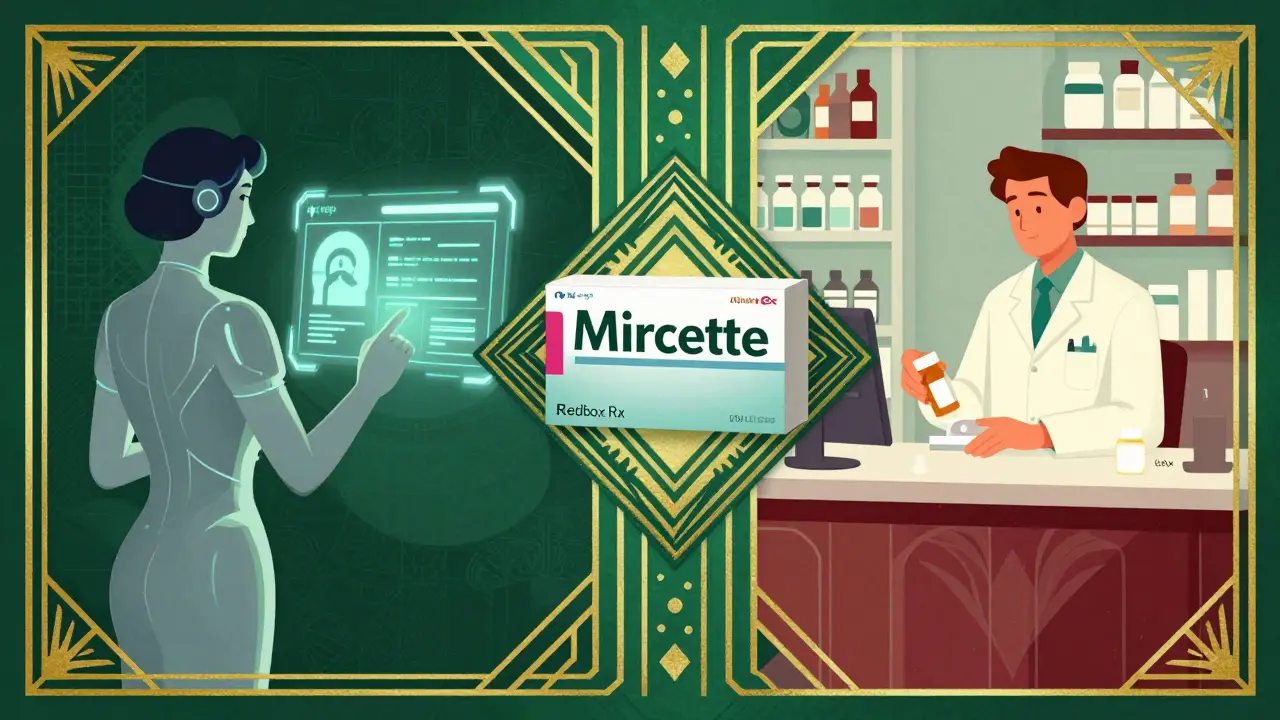 Split view of online telehealth vs traditional pharmacy options
