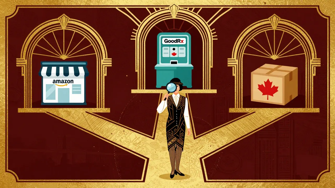 Stylized Art Deco art showing a shopper choosing between different online pharmacy delivery methods.