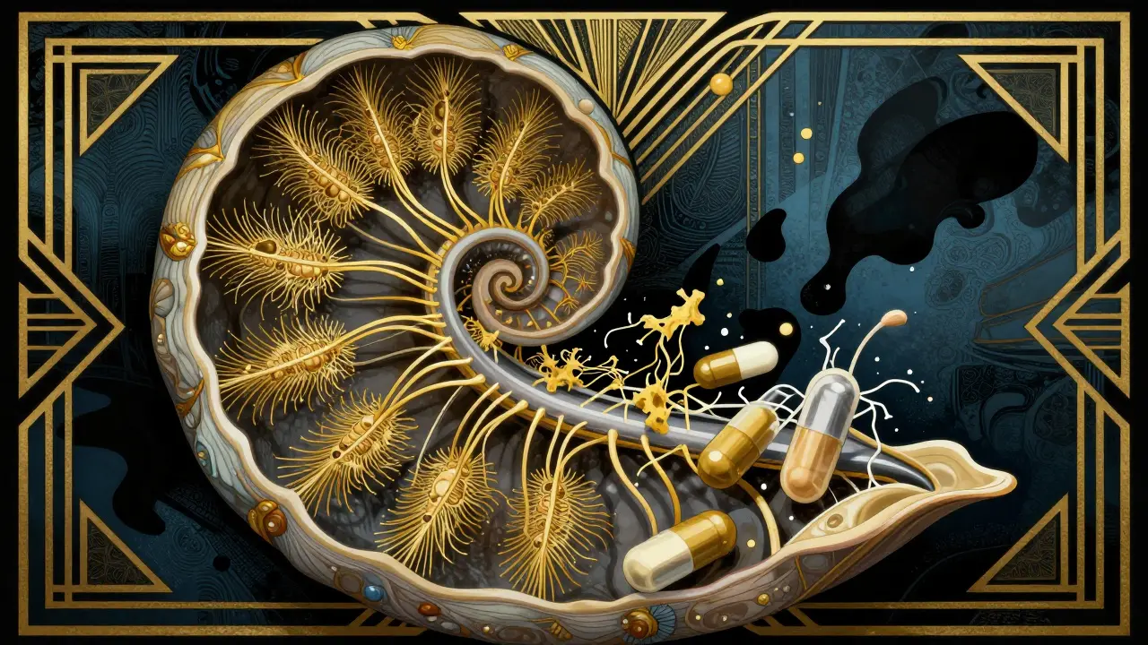Stylized Art Deco view of toxic drugs damaging inner ear hair cells.