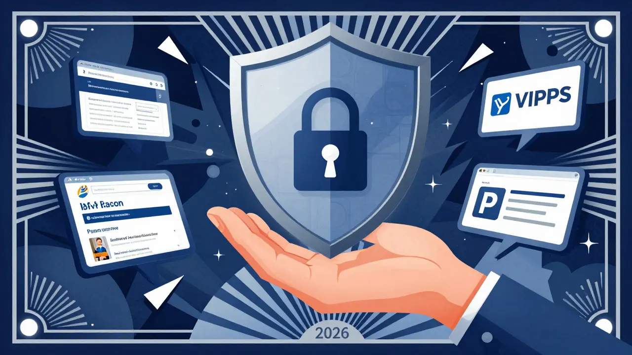 Stylized hand holding a security shield against scam shadows