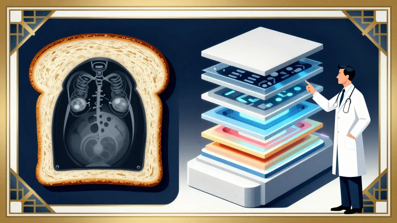 Art deco graphic comparing 2D and 3D mammography technology using bread slice metaphors for clarity.