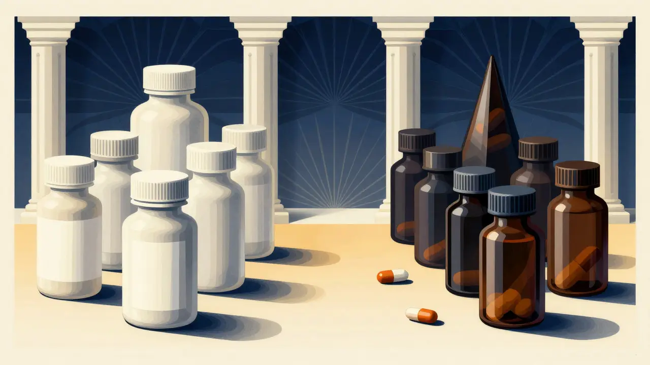 Art Deco graphic comparing safe and risky antibiotic pills