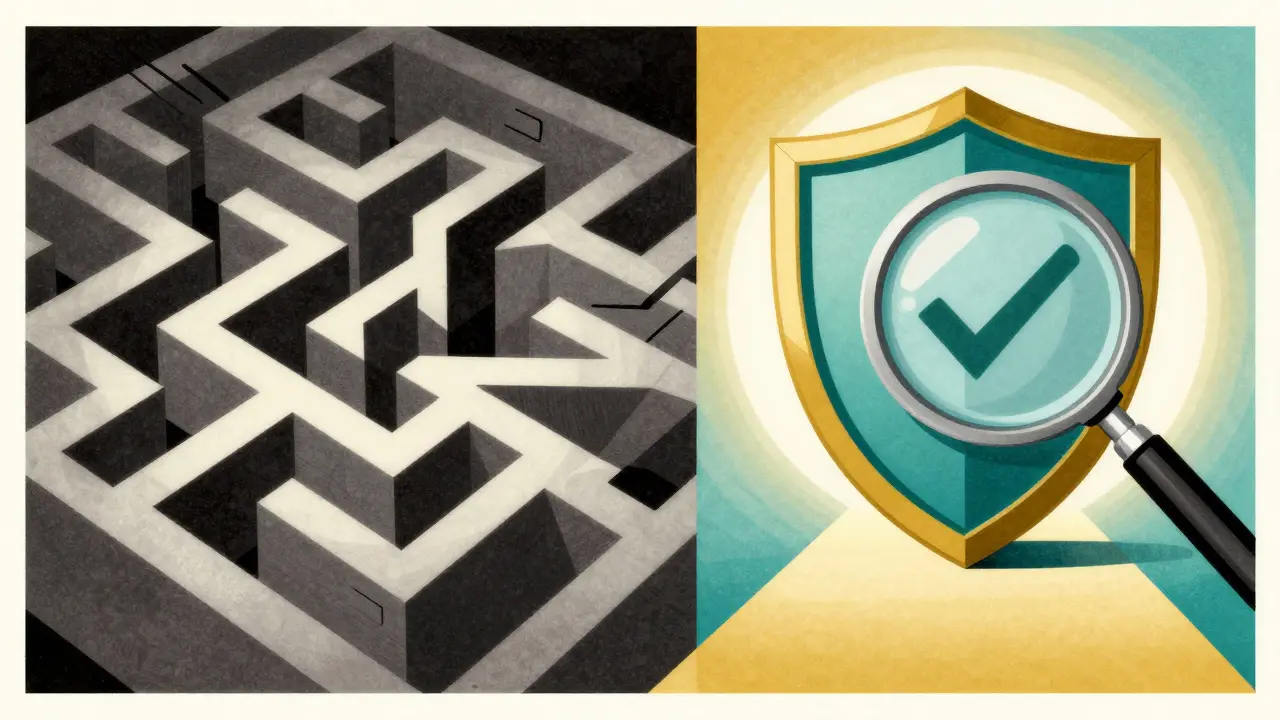 Art deco graphic showing contrast between scam maze and safe pharmacy path