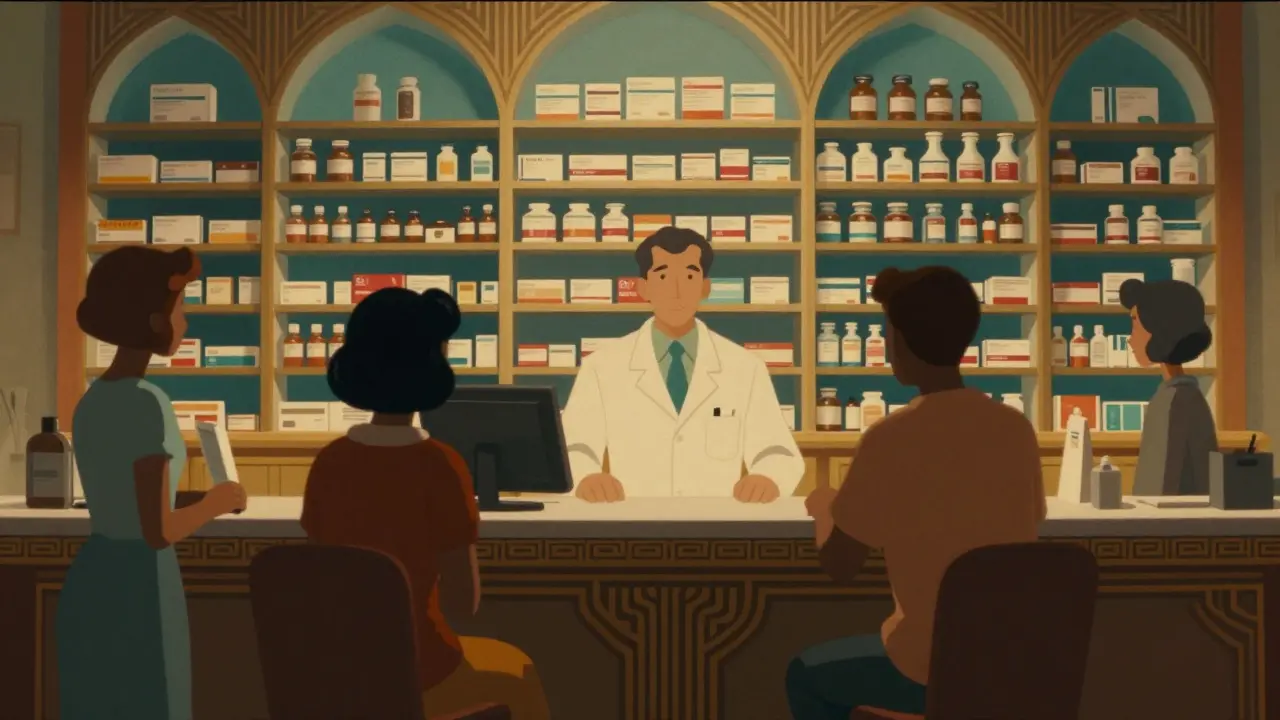 Art Deco illustration of a pharmacy counter showing patient navigation of drug pricing