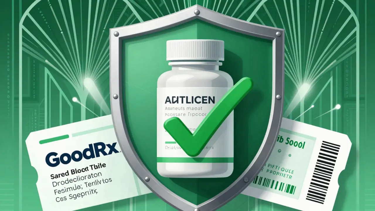 Art Deco image showing a protective shield over medicine and a discount coupon.
