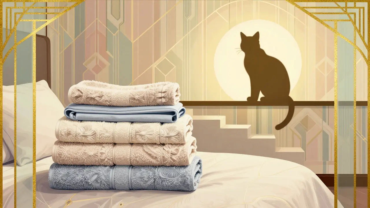 Art deco scene of clean laundry and safe cat placement for scabies treatment