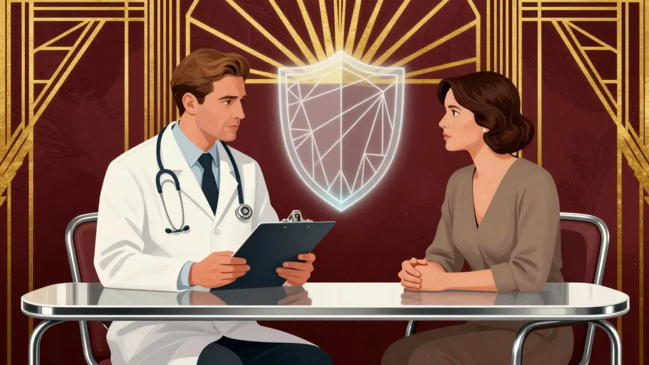 Art Deco scene of doctor and patient discussing treatment
