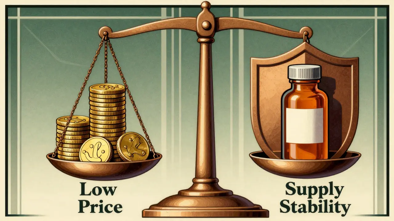 Art Deco style balance scale weighing low drug prices against supply stability concepts