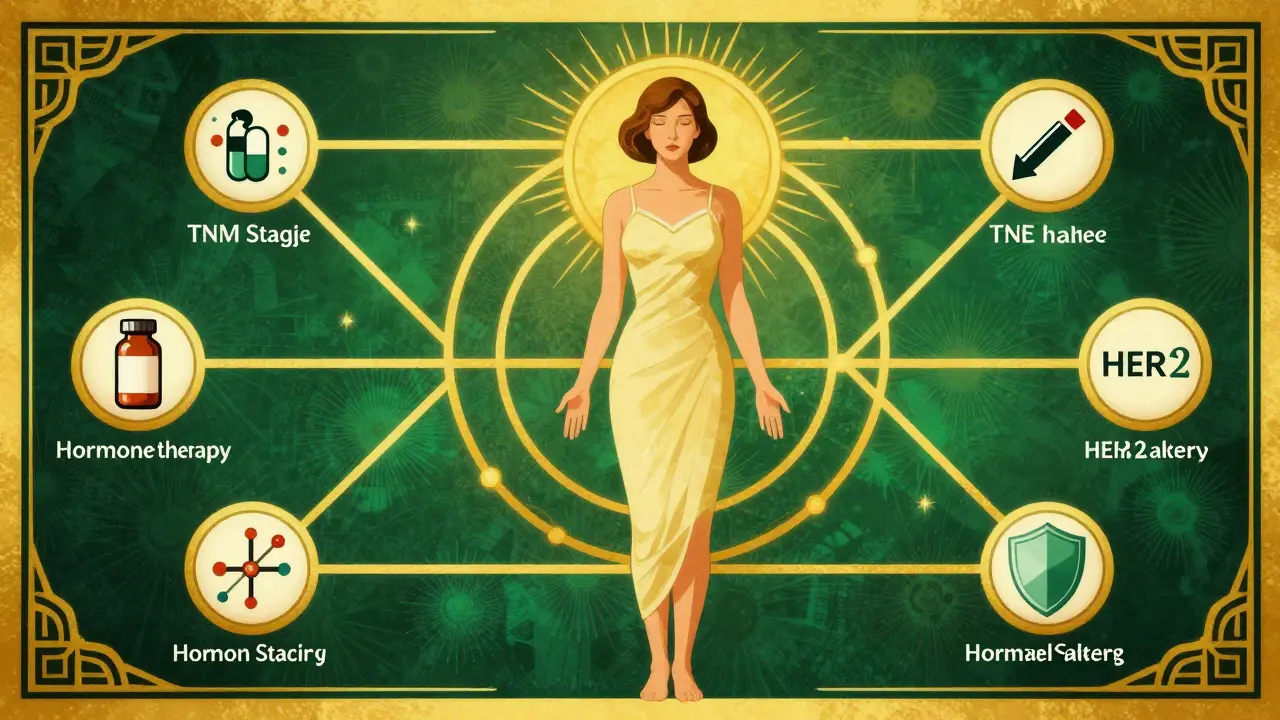 Art deco visualization of personalized cancer treatment paths branching from a central patient figure.