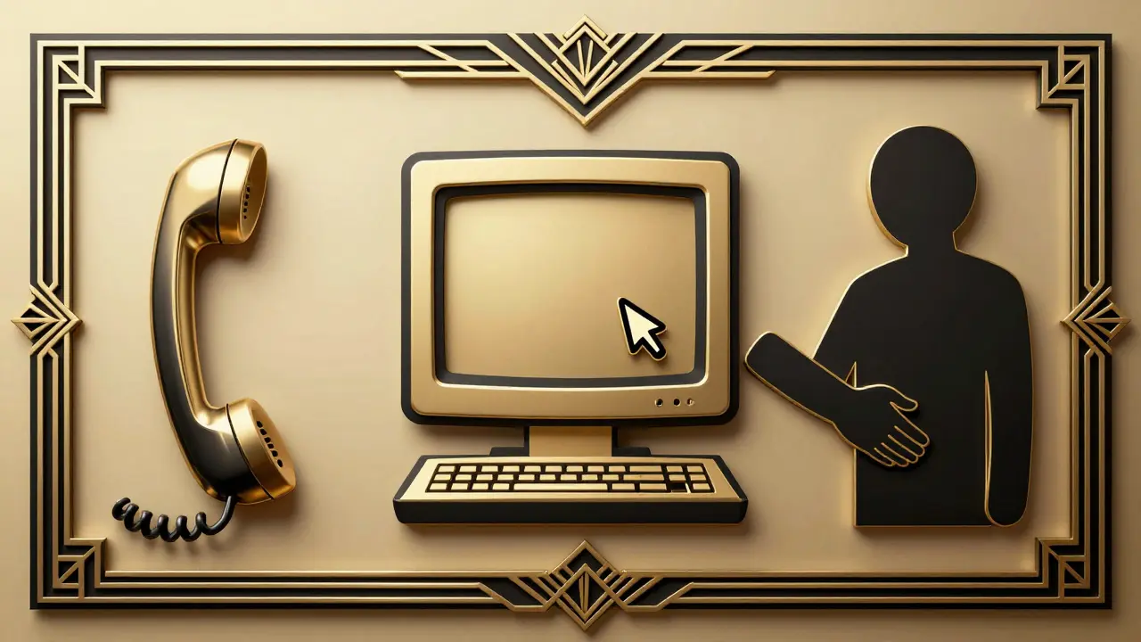 Icons of phone, computer, and handshake in Art Deco frame