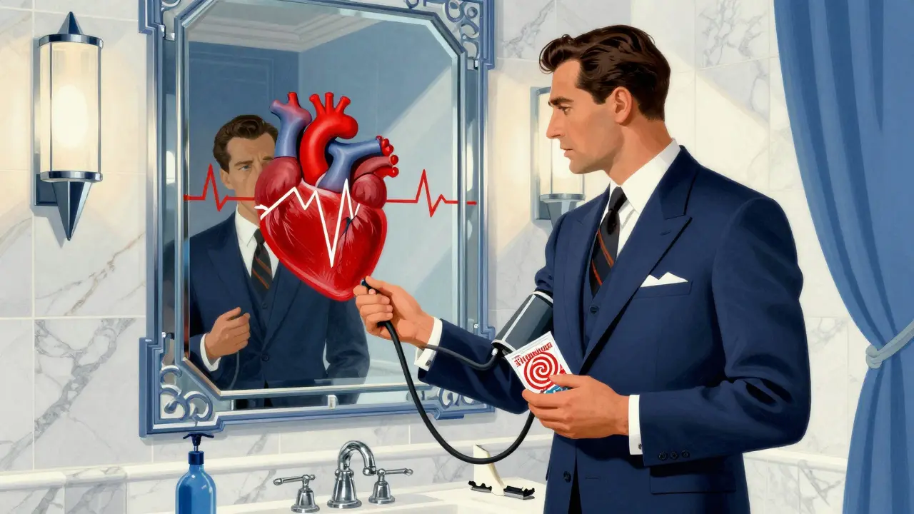 Man checking blood pressure with licorice packet in Art Deco bathroom