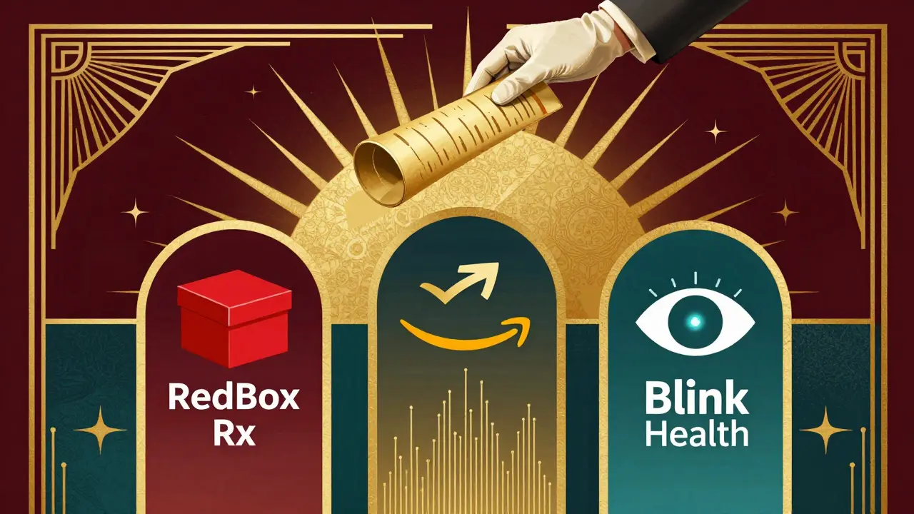 Stylized Art Deco graphic comparing online pharmacy services with golden scrolls.