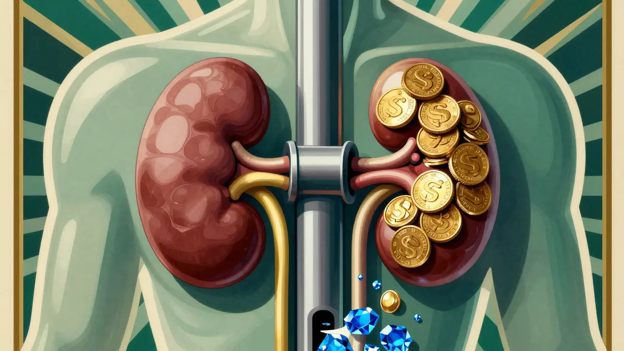 Stylized kidneys showing sodium retention and potassium loss in Art Deco
