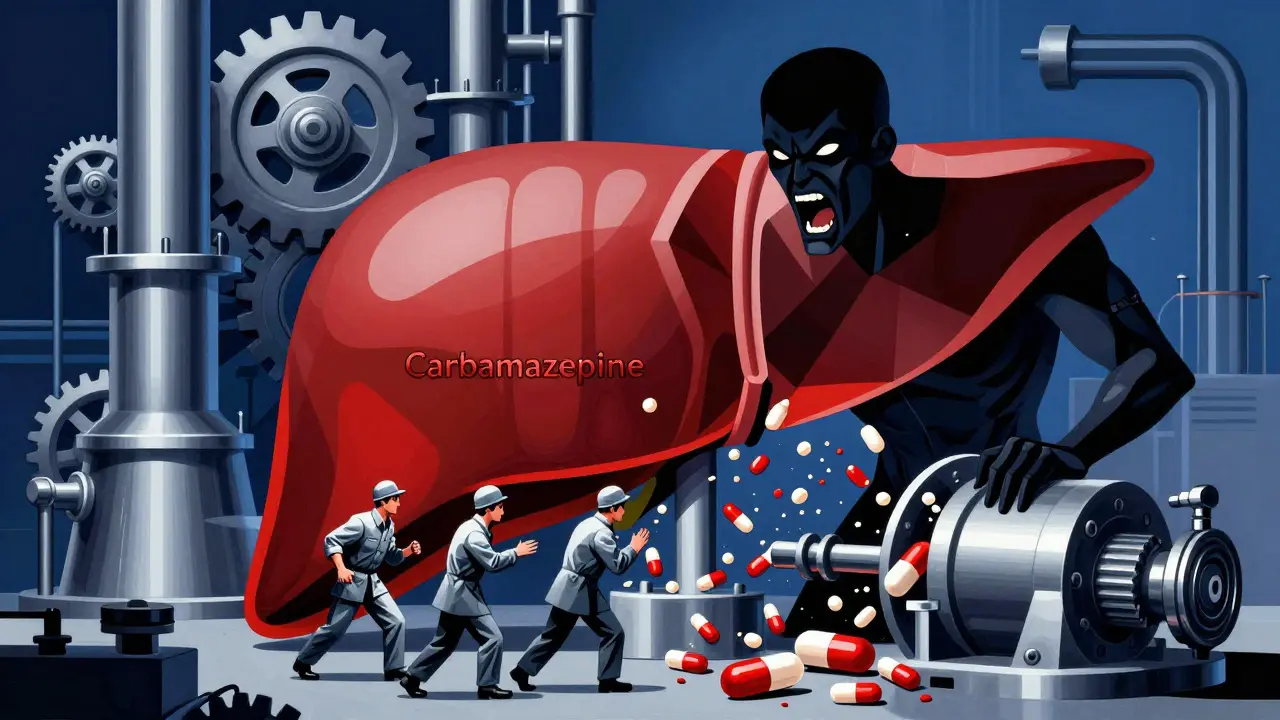 Stylized liver factory crushing hormones due to drug interaction, Art Deco
