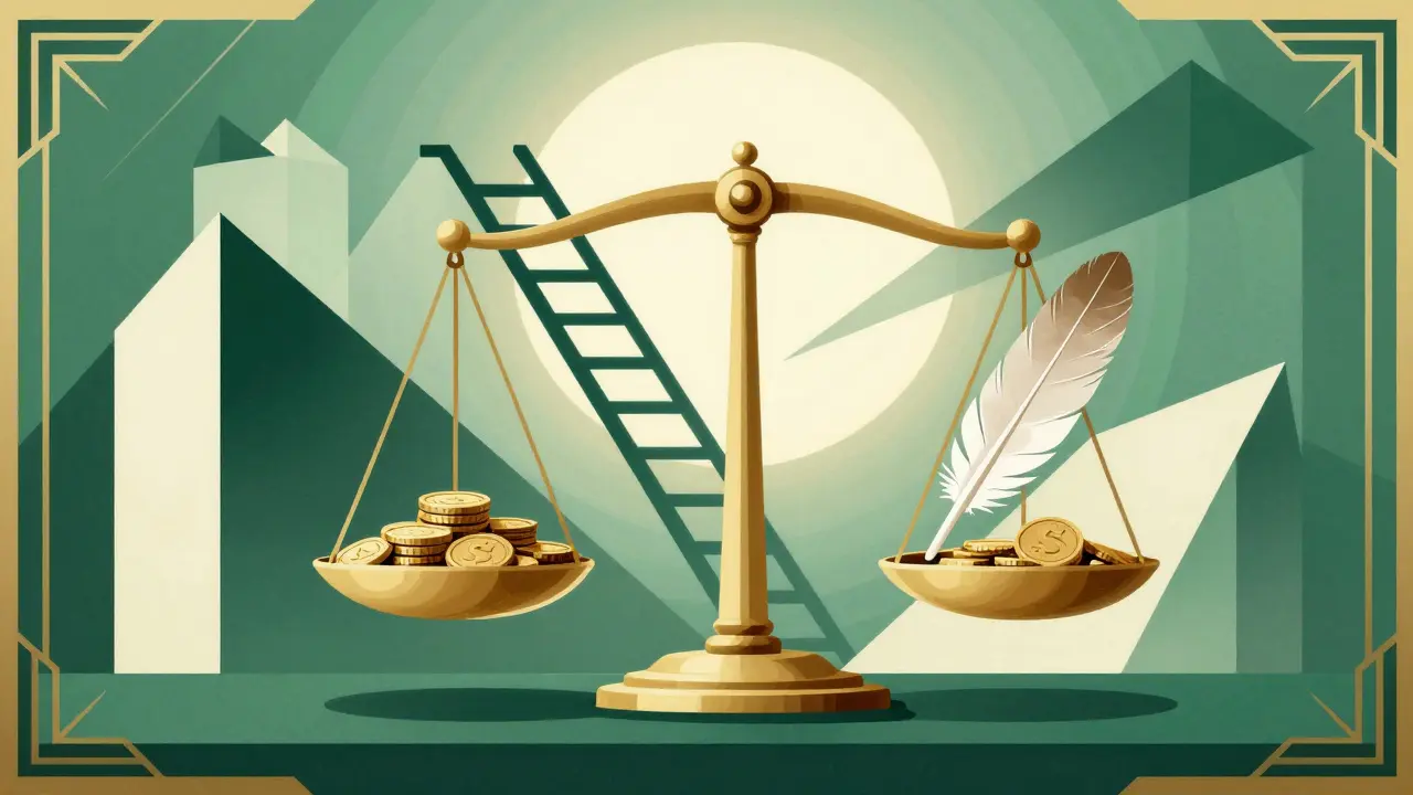 Stylized scale balancing coins and feather with geometric background