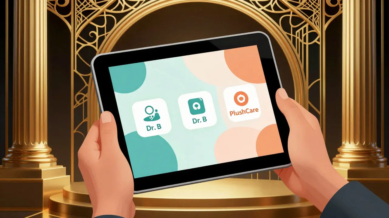 Stylized tablet showing telehealth options in Art Deco