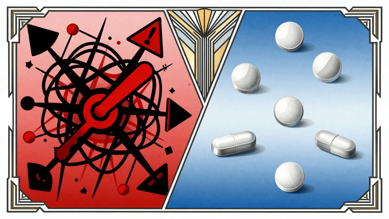 Art Deco comparison showing chaotic drug interactions versus stable alternative medications.