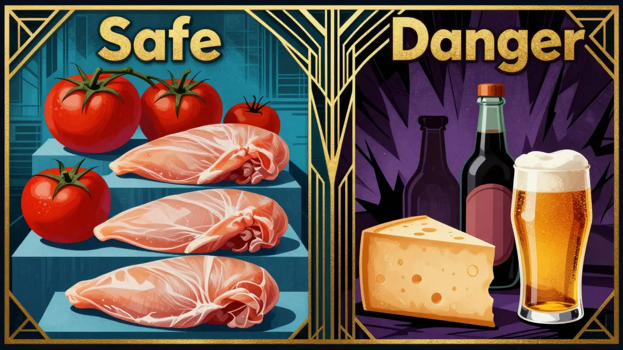 Art Deco graphic contrasting fresh safe foods on the left with dangerous aged foods on the right.