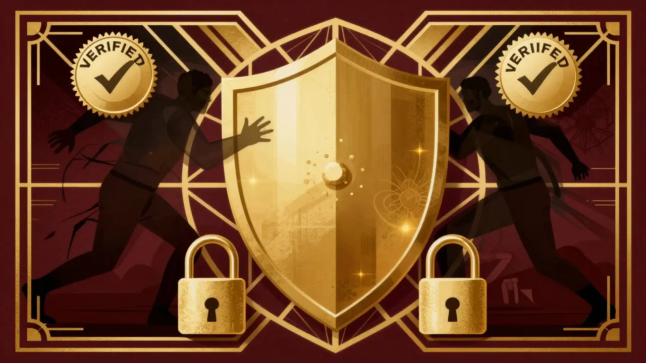 Art Deco graphic showing a shield protecting against fake online pharmacies.