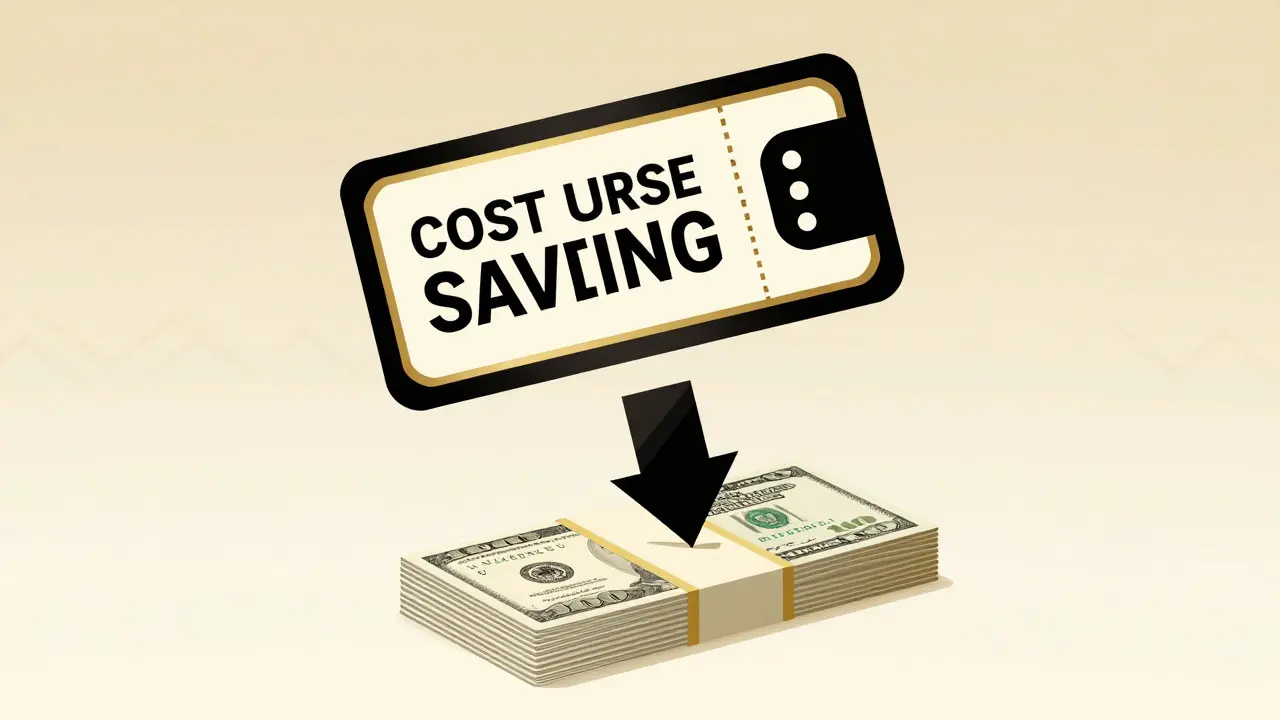 Art Deco illustration of a luxury coupon and coins representing medication savings