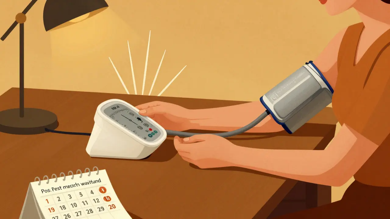 Art Deco illustration of a person checking blood pressure with a calendar showing recovery dates.