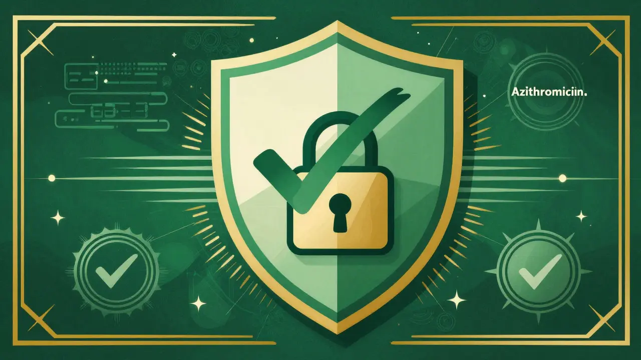 Art Deco illustration of shield symbolizing safe online pharmacy