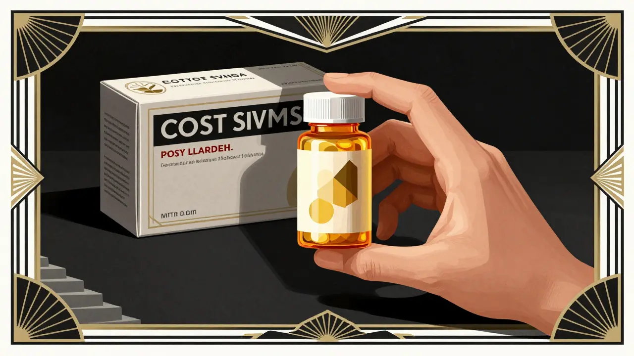 Art Deco illustration showing cost savings with generic medication bottles
