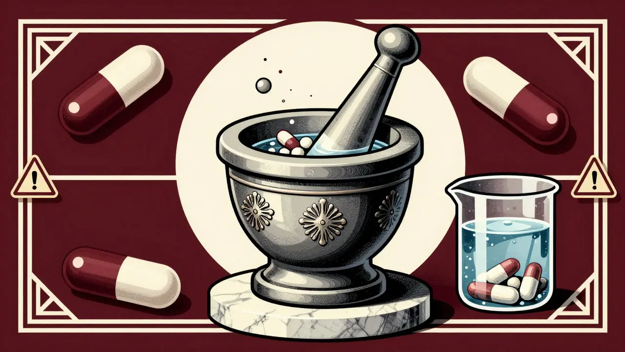 Art Deco illustration showing safe medication dissolution in a beaker.